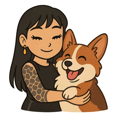 Ghibli-style emoji of an Asian girl with long straight hair, side-swept bangs, black leather dress, gold drop earrings, bold false lashes, and a geometric 3/4 sleeve tattoo on her left arm, hugging a joyful red head tri-color corgi, simplified, emoji-like sticker