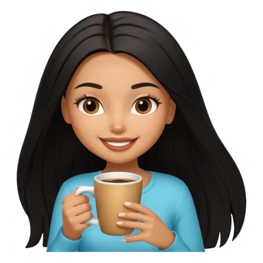 a pretty tan bratz girl with black long straight hair smiling and drinking coffee sticker