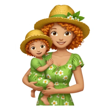 A cheerful orange curly hair mom in a straw hat carrying her child, wearing a green flowery dress sticker