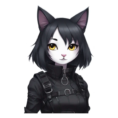 Gorgeous gothic dark techwear anime style anthro cat with blushing face aesthetic and pretty edgy black with collar and harness trending style sticker