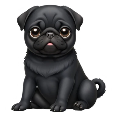 cinematic-[black pug]-realistic-full-body-sitting-emoji,-tail-resting-loosely-beside-its-paws,-head-tilted-dramatically, -sleek-[black]-fur,-simplified-yet-realistic-focused-features,-highly-detailed,-glowing-with-an-almost-sarcastic-glow sticker