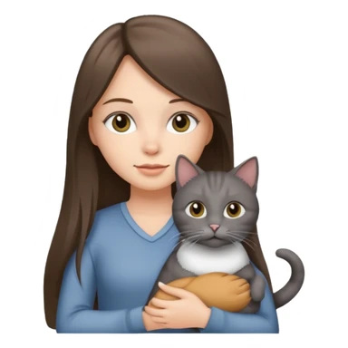 a white girl with brunette long straight hair holding a grey cat. sticker