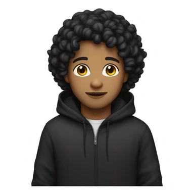 a young male with medium skin and curly black hair, wearing a black hoodie sticker