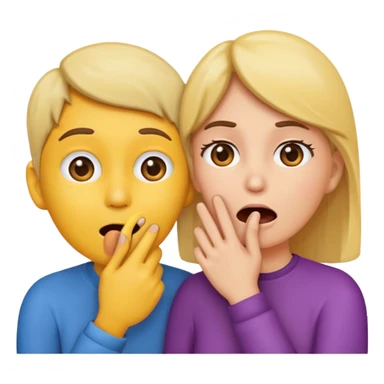 Emoji of two people, one whispering into the other’s ear with a hand covering their mouth. Surprised reaction. Simple emoji style, flat design, bright colors, thick outlines. sticker