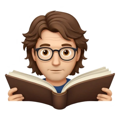 man in his forties with tousled wavy hair, no glasses, reading a book sticker