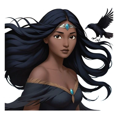 Cinematic Realistic Pocahontas Portrait, depicted with lifelike skin texture, soft natural lighting, and intricately detailed long, flowing raven-black hair that moves gracefully in the wind. Her deep, soulful dark brown eyes exude wisdom and strength, complemented by a serene yet powerful expression. She is shown gently holding a feather in one hand, her other hand resting lightly at her side, embodying the harmonious balance between nature and herself. She is dressed in her classic one-shoulder native American dress, with rich fabric textures and delicate beaded details that catch the light beautifully. The portrait features a soft, sun-kissed glow with a natural, radiant finish, capturing the essence of untamed beauty and deep connection to nature in a realistic and painterly style, evoking a sense of depth and authenticity. sticker