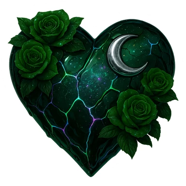 Edit the gothic heart to have cracked deep green glass, silver crescent moon, green roses, shimmering holographic stardust, neon lightning accents, and a glossy wet appearance. Keep the background transparent. The style should maintain the gothic heart's original look with a transparent background. sticker