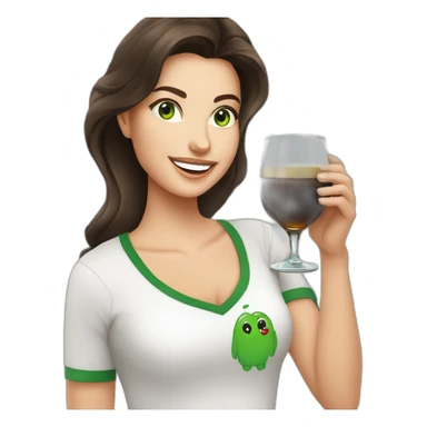brunette woman holding fernet branca glass smiling green eyes big white t-shirt sticker
