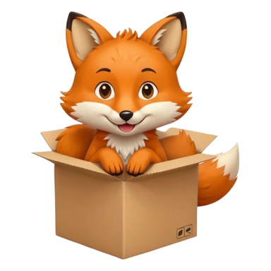 cheerful fox sitting in a box, looking up playfully, emoji style sticker
