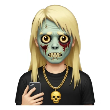 make a iphone emoji who is a zombie man with long blonde hair with bangs, with a black punk shirt and a golden neckless sticker