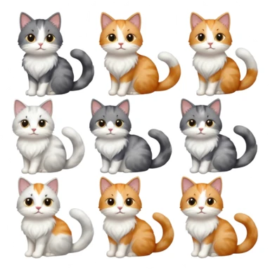 6 realistic looking cats with different natural coloured coats, assorted grey and white, greys, calico colours etc
 sticker