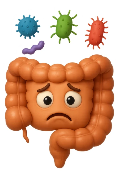 EMOJI STILE IPHONE 3D DI INTESTINO 3D CON ESPRESSIONE TRISTE  IN VOLTO MENTRE SOPRA LUI FLUTTUANO BATTERI, FAGLI ANCHE LA PARTE BIANCA DEGLI OCCHI, NON SOLO LA PUPILLA sticker