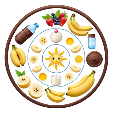 Magical daily routine wheel: water bottle, sun, chicken and rice, banana and shake, dumbbell, yogurt, chocolate and fruits, and moon symbol arranged in a wheel pattern with glowing connections between each element sticker