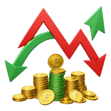 3D euro coins and banknotes stack, green upward arrow and red downward arrow, 
money flowing in and out, gold and silver coins, transparent background, 
emoji style, realistic, balanced composition sticker