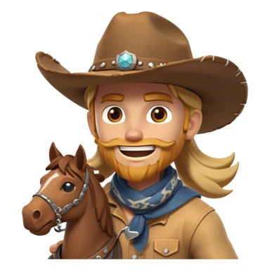 clash-of-clans-aesthetic_-cinematic-playful-cowboy-portrait-emoji, head-tilted with a roguish, cheeky grin and twinkling eyes, featuring a rugged, spirited build with a wide-brimmed cowboy hat and a weathered bandana on tan skin, riding a powerful galloping horse with dynamic flowing mane, reins gripped firmly in one hand and a lasso in the other, as dust swirls behind them in a vast desert landscape. sticker