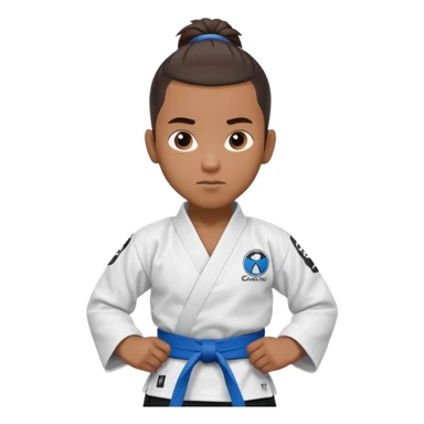 black karate instructor with ponytail and a low taper haircut, and a small fade on the sides with a blue belt and roger Gracie academy logo on the gi sticker