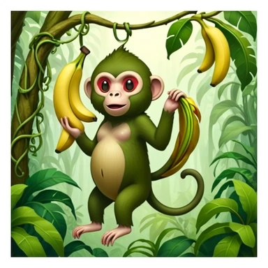 A surreal hybrid creature that is half monkey (top) and half banana (bottom). Green monkey with red facial features on top, and an opened banana peel forming the lower body. Set in a jungle with hanging vines and soft light filtering through trees sticker