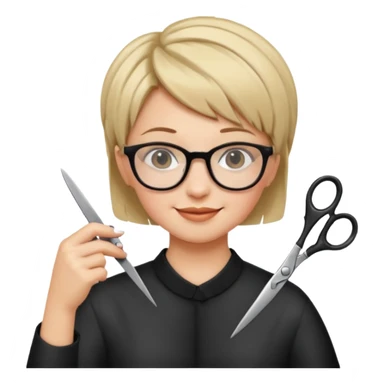 Happy woman with very short hair and glasses having haircut emoji sticker