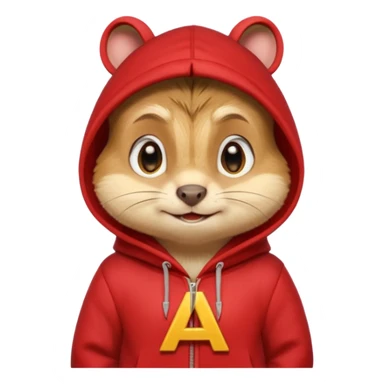 Portrait of a cartoon chipmunk with light brown and beige fur, wearing a red hoodie with a yellow 'A' on it, big round eyes, small nose, and a mischievous grin, front-facing, stylized in animated movie style sticker