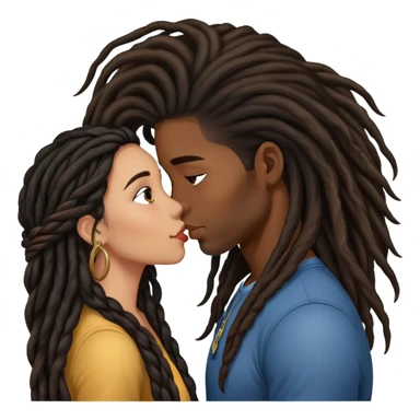 Latina Woman with long hair kissing a young black guy with dreads chin hair sticker
