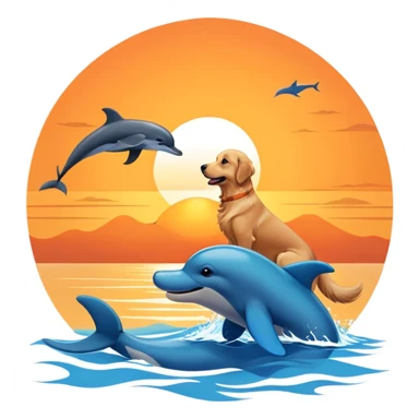 Dog and sunset with dolphin  sticker