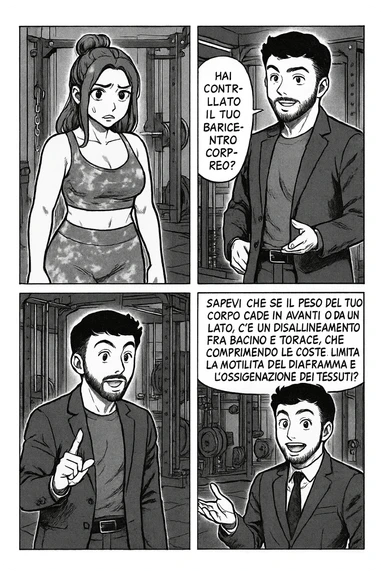 TRASFORMA QUESTO CAROSELLO IN UN FUMETTO STILE MANGA CON QUESTE DUE PERSONE IDENTICHE CHE INTERLOQUISCONO TRA LORO:

LEI: Ho la cellulite anche se mi alleno e mangio bene, cosa posso fare?

LUI: Hai controllato il tuo baricentro corporeo?
LUI: Sapevi che se il peso del tuo corpo cade in avanti o da un lato, c’è un disallineamento fra bacino e torace, che comprimendo le coste, limita la motilità del diaframma e l’ossigenazione dei tessuti?
LUI: Il mio è il primo e unico percorso che lavora sugli inestetismi con un lavoro mirato sul baricentro corporeo. sticker