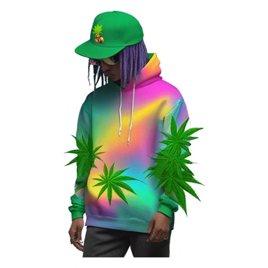 Hemp leaves Multicoloured neon person smoking wearing hoodie dancing hip hop bucket hat tropical Skater fashion aesthetic baggy clothes graphic t shirt 420 sticker