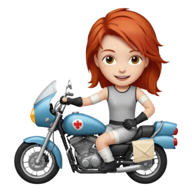 an injured red head cheekily smiling on a morotcycle sticker