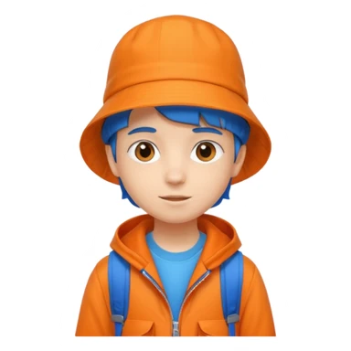 A little student with bucket hat, orange jacket, blue backpack sticker