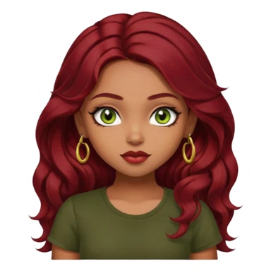 a pretty FAIR indian bratz girl with wavy dark red hair, wearing a black tee. eyeliner on, olive green eyes.  sticker