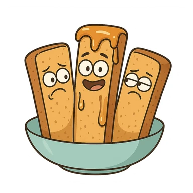 french toast sticks, with syrup drizzle, cartoon style, white background sticker