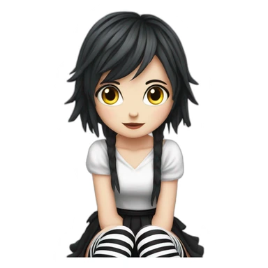 Frontal view curvy emo girl sits white skirt striped stockings hands up sticker