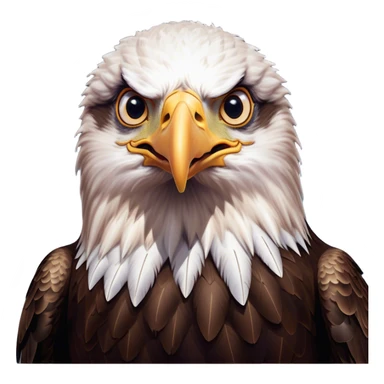 Cinematic Comical American Eagle Portrait Emoji, Head tilted dramatically with an exaggeratedly shocked expression, featuring a robust, powerful form with wide, comically expressive eyes full of playful disbelief and a mix of stark white and dark plumage, Simplified yet hilariously expressive features, highly detailed, glowing with a slightly sassy majestic glow, high shine, dramatic yet playful, stylized with an air of cheeky aerial mischief, soft glowing outline, capturing the essence of a meme-worthy American eagle that looks ready to side-eye its way into viral fame! sticker