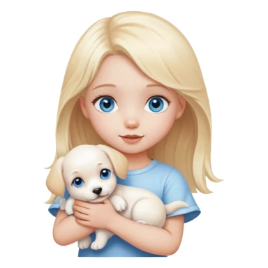 cute little girl with blonde hair and blue eyes holding cute white puppy sticker
