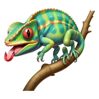 cinematic cute -chameleon-realistic emoji, mouth wide open with tongue out catching prey, -blending-with-vibrant-greenery.-detailed-scales-in-shifting-colors,-showing-the-chameleon’s-ability-to-camouflage.-soft-natural-light-highlights-its-texture.-light-background, zoomed into its face sticker