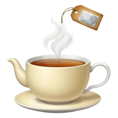 Teacup with steam rising and tea bag tag hanging over the edge sticker