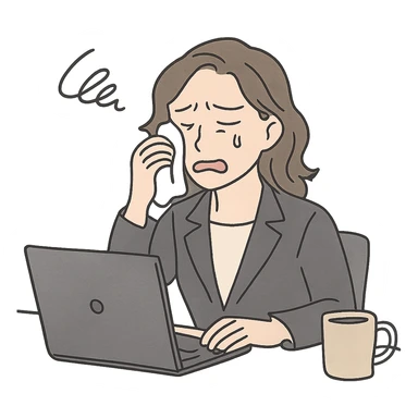 upset office worker wiping tears, open laptop, coffee mug, workplace stress visible, emotional expression sticker