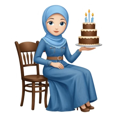Turkish beautiful finish Konya girl blue eyes with denim hijab long tail dress and sits on the chair and holds cake with her hand  sticker