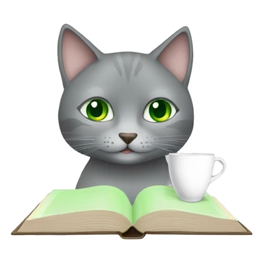 gray cat with green eyes drinks coffee and reads a book sticker