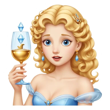 Cinematic Funny Cinderella Portrait Emoji, Stunned expression as she holds a glass slipper much too big, one eyebrow raised, golden curls slightly messy, a mix of royal grace and unexpected humor, capturing a lighthearted twist on her fairy tale moment! sticker