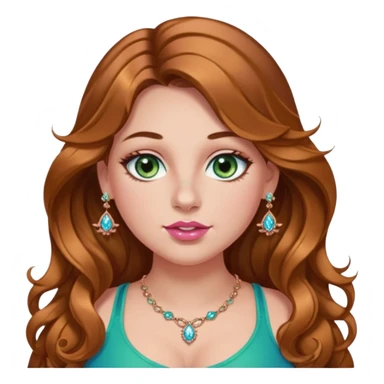 Girl girl long wavy brown hair with caramel highlights, green/blue/gold eyes, plus size, pink girly top, right nostril rose gold nose ring with diamonds embedded sticker