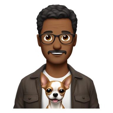 dark hair dark eye man with short mustache wearing glasses holding chihuahua sticker