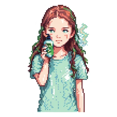 girl spraying face mist, clean and fresh, minimal background, modern style sticker
