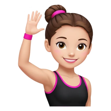 Happy female gymnast with brown hair in a neat bun, wearing a black uniform with neon pink elements. sticker