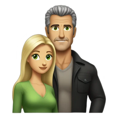 Mel gibson with a blond straight square cut woman with green eyes sticker