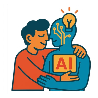 person and abstract AI icon with circuitry, light, or data in a warm embrace sticker