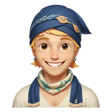 Clash of Clans aesthetic Playful Pirate Portrait Emoji, Head tilted with a roguish, cheeky grin and twinkling eyes, featuring a compact, spirited build with a jaunty hat and a quirky bandana, his natural skin tone evident, Simplified yet irresistibly charming features, highly detailed, glowing with a warm, inviting oceanic glow, high shine, spirited and lively, stylized with an air of whimsical maritime mischief, soft glowing outline, capturing the essence of a playful pirate exuding friendly rogue charm! sticker