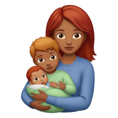 A mother with brown hair holds a red-haired baby and a blond boy  sticker