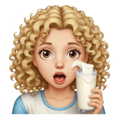 Girl with dirty blonde highlights on the end hair curly rolling her eyes all the way back with her mouth open and milk on her cheeks sticker