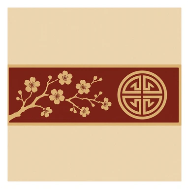 eastern style plaque for post signature, very wide and low long horizontal rectangle, only red and sand colors, with round gold ornament, sakura branch, no text, 900x180px sticker